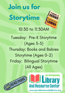 Flyer inviting people to Storytime at the library